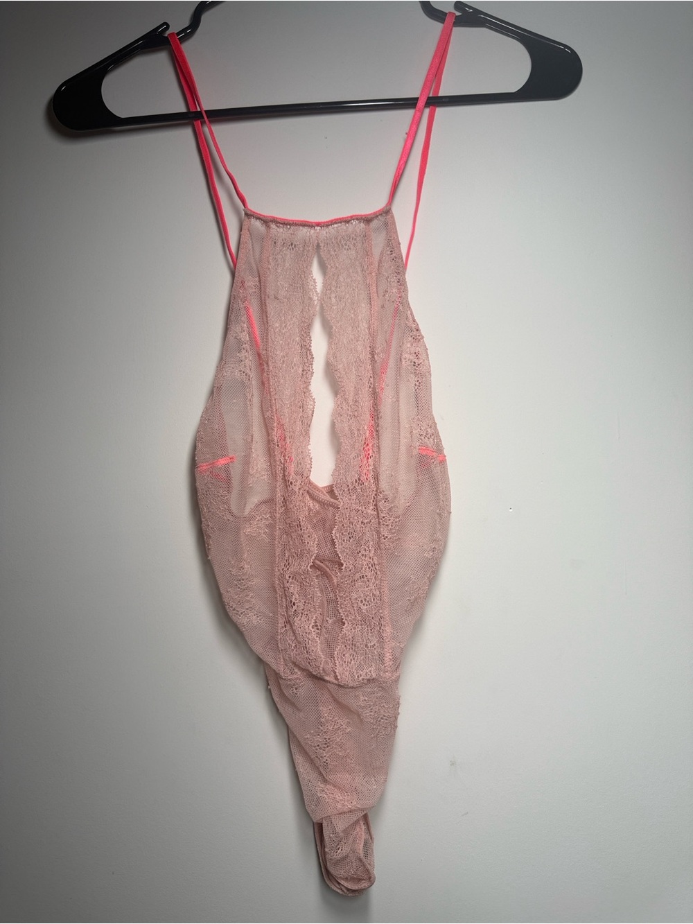 Victoria’s Secret Sheer Lace Chemise Bodysuit Blush with Neon Pink Outline